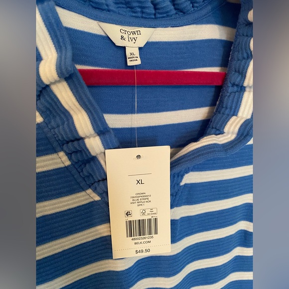 NWT Crown & Ivy Blue and White Ruffle Neck Top - Picture 6 of 8